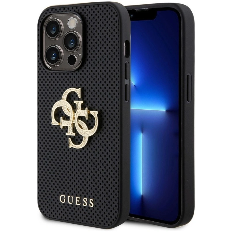 Накладка Guess PU Perforated with 4G Glitter metal logo Hard для iPhone 15 Pro, Чёрная (GUHCP15LPSP4LGK). Фото 1