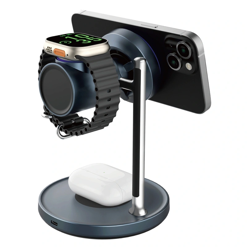 Беспроводная зарядная станция Wiwu Qi2 3-в-1 с док-станцией Magic Cube с автоматическим вращением 25W, Grey (Wi-W041). Фото 3