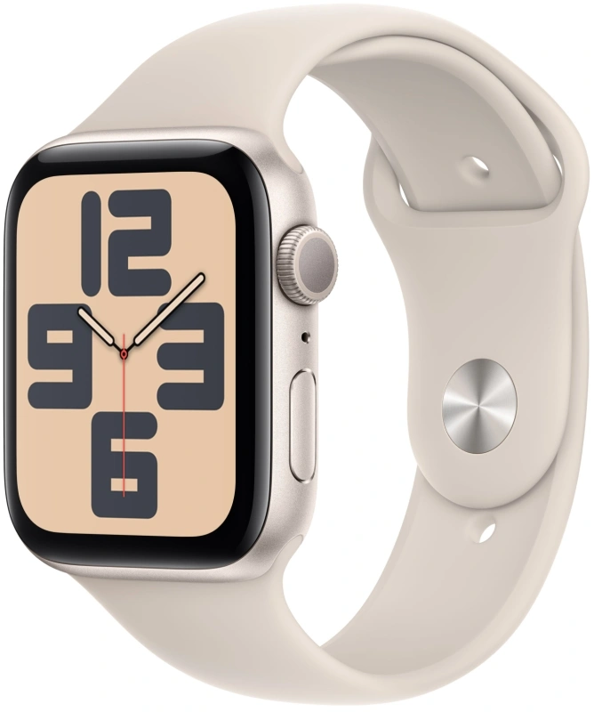 Apple Watch SE 2023, 44 мм, алюминий цвета "сияющая звезда", Starlight Sport Band, размер M/L (MRE53). Фото 1
