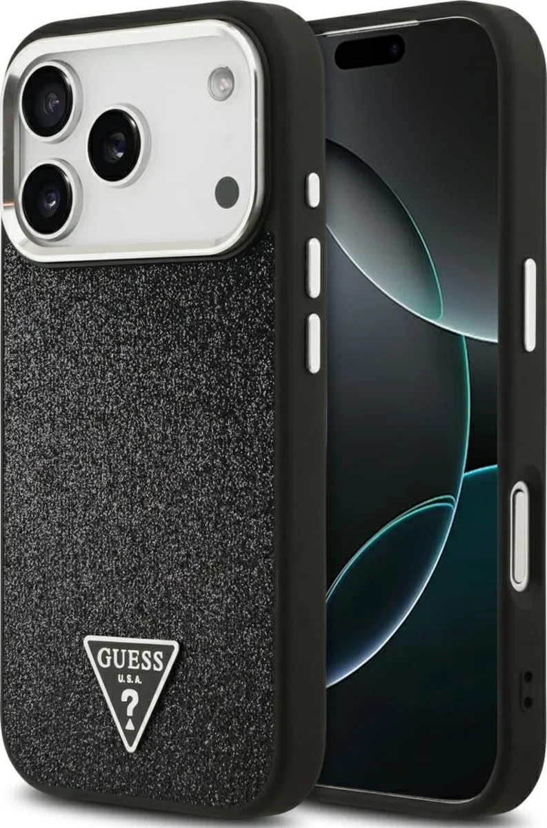 Накладка Guess для iPhone 17 Pro Fixed Glitters Tringle metal logo & Camera (MagSafe), Hard Black (GUHMP17LPFGTSCMK). Фото 1