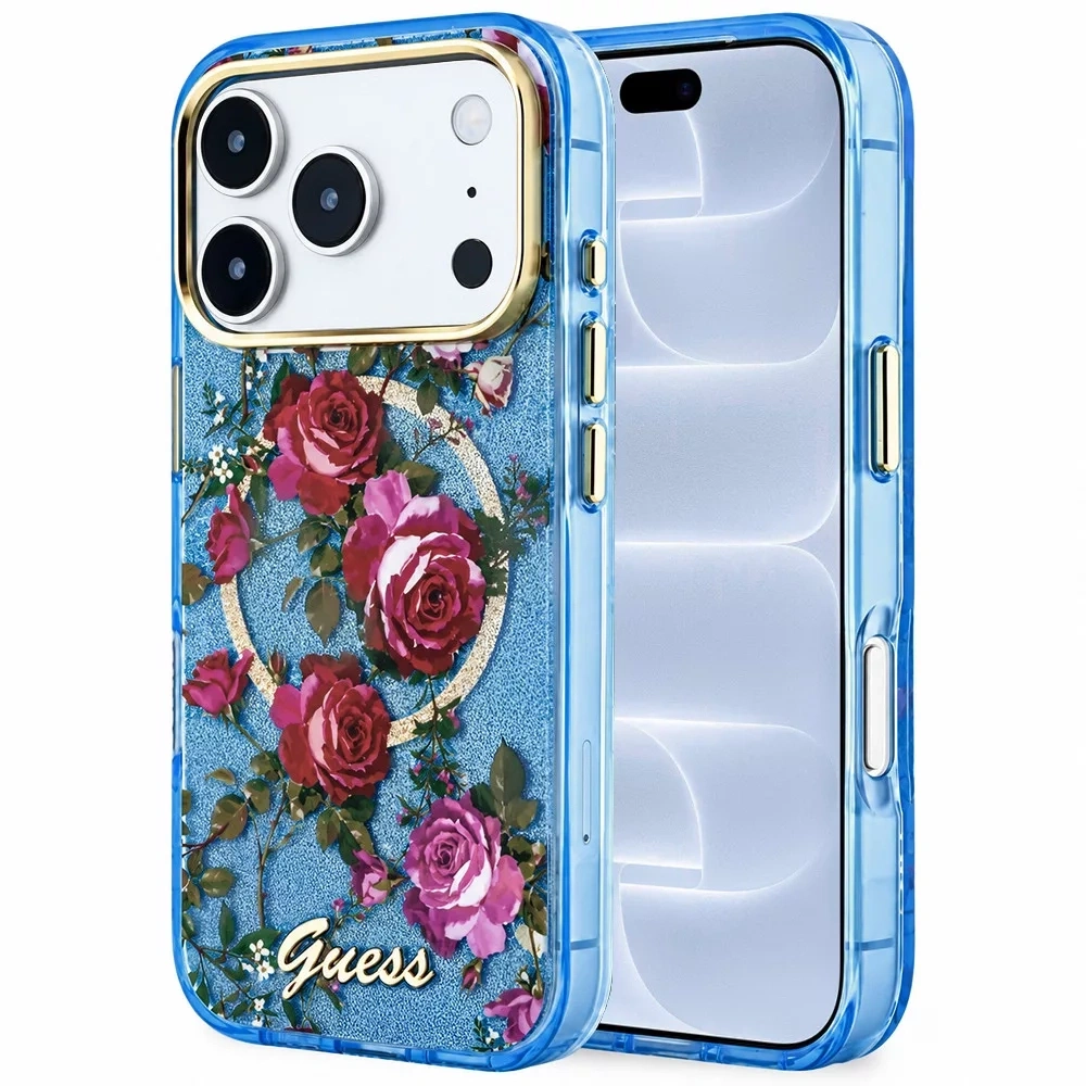 Накладка Guess для iPhone 18 Pro / 17 Pro IML Glitter Flowers Roses Metal Logo&Cam Hard (MagSafe), Light Blue (GUHMP18L6HTBGSLB). Фото 1
