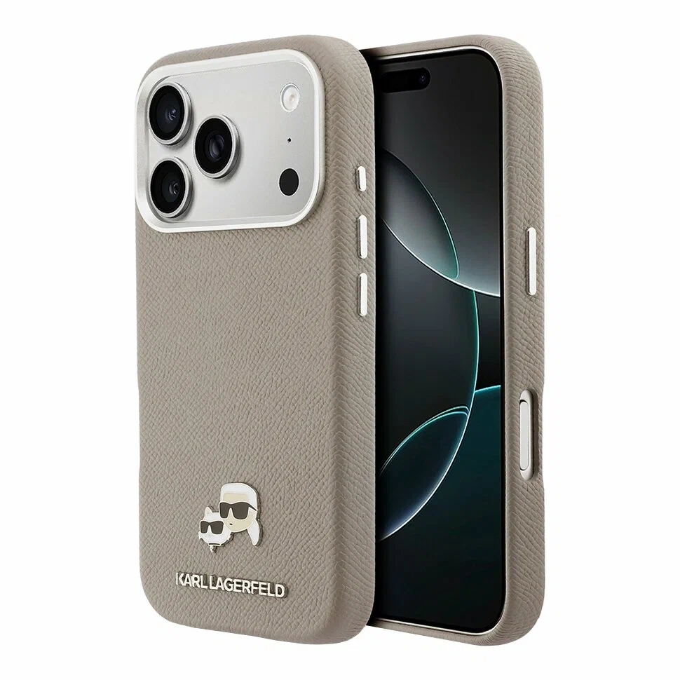 Накладка Lagerfeld для iPhone 18 Pro Max/17 Pro Max Saffiano FW Karl&Choupette metal&Cam Hard(MagSafe), Grey (KLHMP18X6PFKCLG). Фото 1