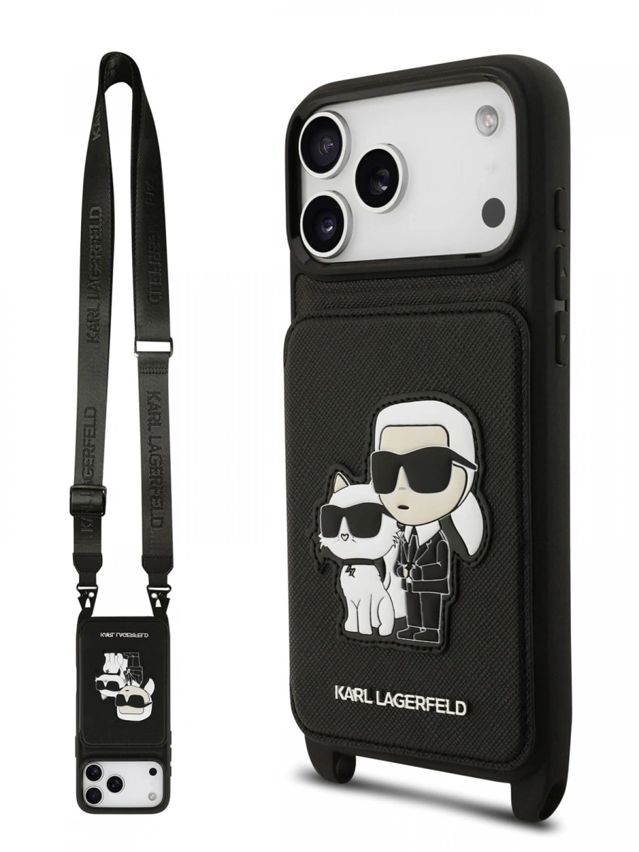Накладка Lagerfeld для iPhone 17 Pro Max Crossbody cardslot PU Saffiano NFT Karl&Choupette Hard, Black (KLHCP17XCSAKCPMK). Фото 1