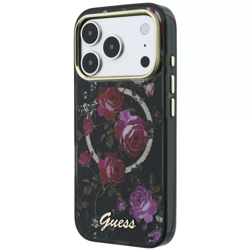 Накладка Guess для iPhone 18 Pro / 17 Pro IML Glitter Flowers Roses Metal Logo&Cam Hard (MagSafe), Black (GUHMP18L6HTBGSLK). Фото 2