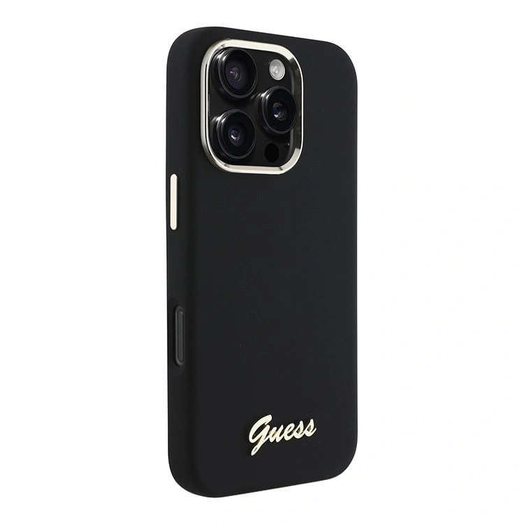 Накладка Guess для iPhone 16 Pro Max Liquid silicone Gold metal logo & Camera frame Hard Black (GUHCP16XSMBSLK). Фото 2
