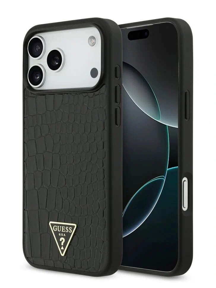 Накладка Guess для iPhone 18 Pro Max / 17 Pro Max PU Croco Triangle metal logo Hard (MagSafe), Black (GUHMP18XPCRTHCK). Фото 1