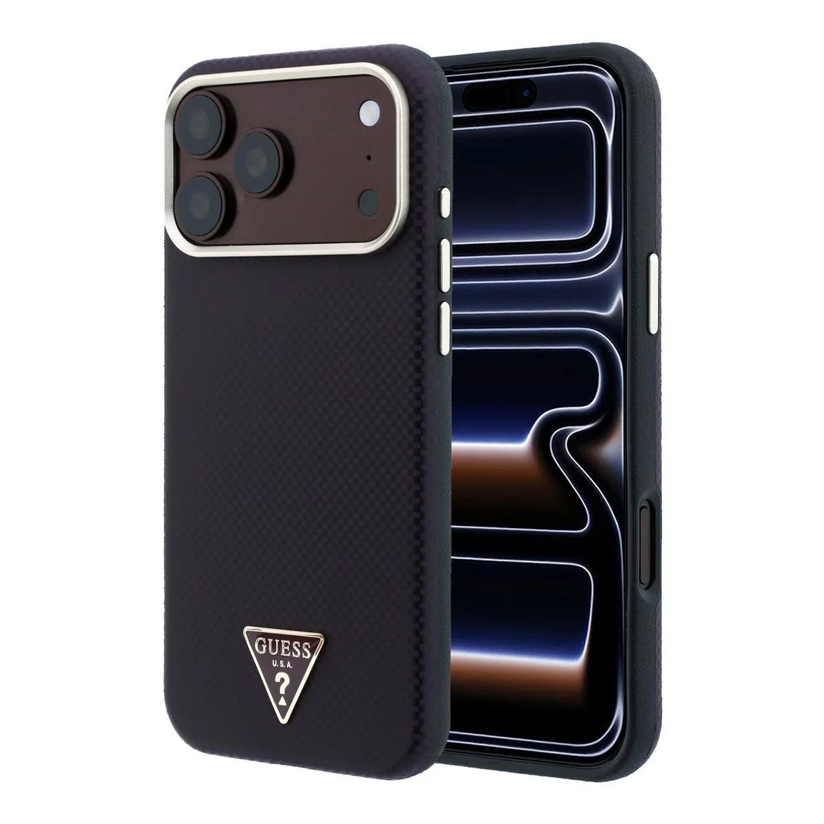 Накладка Guess для iPhone 18 Pro Max / 17 Pro Max PU Carbon SW Triangle Met logo&Cam Hard (MagSafe), Burguny (GUHMP18X6PWKSGTU). Фото 1