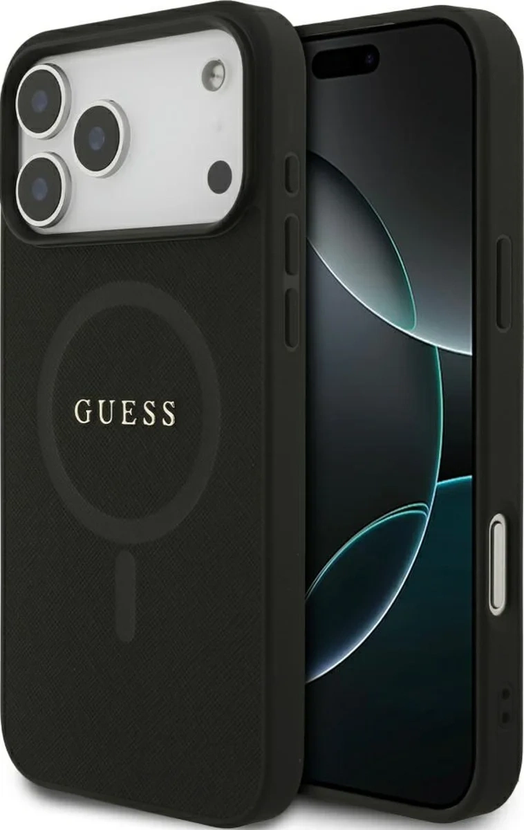 Накладка Guess для iPhone 17 Pro PU Saffiano with Classic metal logo (MagSafe), Hard Black (GUHMP17LPSAHMCK). Фото 1