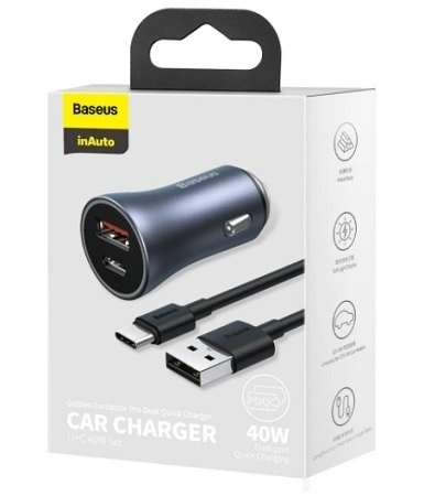Автомобильное зарядное устройство Baseus Golden Contactor Pro Dual Quick Charger Type C - USB 40W (TZCCJD-0G) With Baseus Simple wiring USB For Type-C 5A 1m, Тёмно-серое. Фото 5