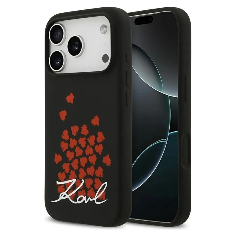 Накладка Lagerfeld для iPhone 17 Pro Max Liquid Silicone Hearts Hard (MagSafe), Black (KLHMP17XSMHBKSOK). Фото 1