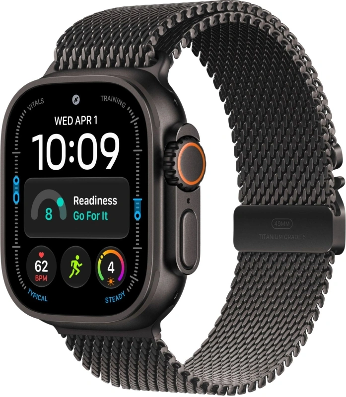 Умные часы Apple Watch Ultra 4 (2026) GPS+Cellular 49мм, Чёрный титановый корпус, ремешок "Чёрная миланская петля" размер M 155-185 мм (MJAV4). Фото 1