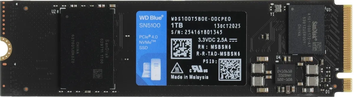 SSD накопитель WD Blue SN5100 1ТБ, M.2 2280, PCIe 4.0 x4, NVMe, M.2 (WDS100T5B0E). Фото 1