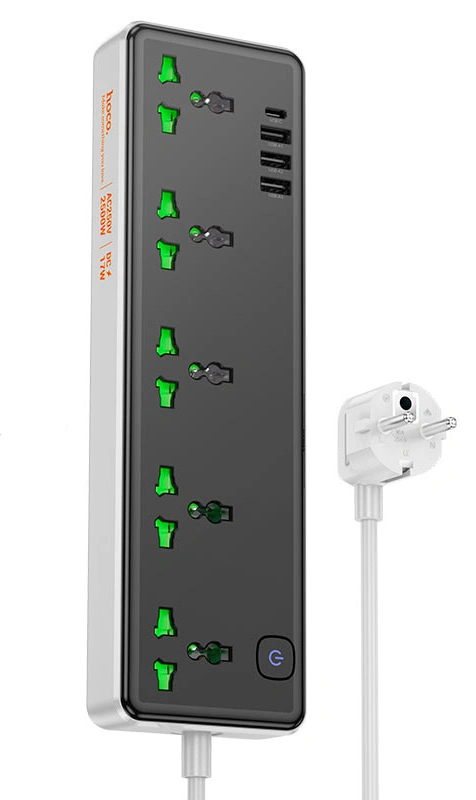 Сетевой фильтр Hoco AC13A Talento, 3*USB-A, 5*AC розеток, 1*USB-C, 1.5 м, 2500W DC17W, Black. Фото 2