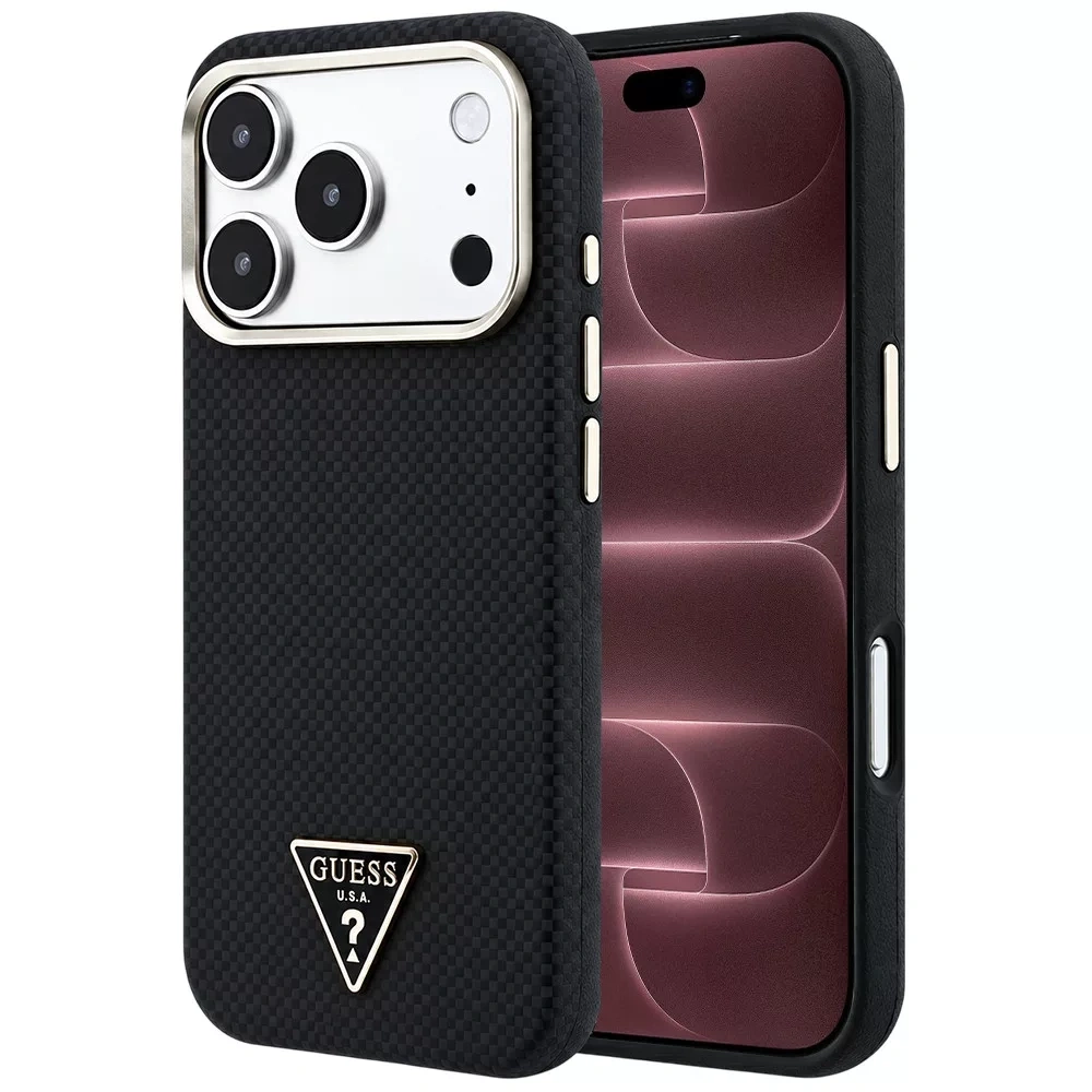 Накладка Guess для iPhone 18 Pro Max / 17 Pro Max PU Carbon SW Triangle Met logo&Cam Hard (MagSafe), Black (GUHMP18X6PWKSGTK). Фото 1