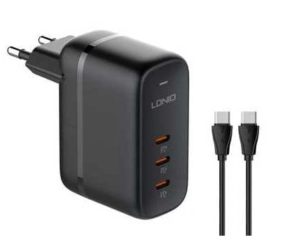 Сетевое зарядное устройство LDNIO 65W GaN Super Fast Charger + кабель USB-C - USB-C 1м, Чёрное (Q367). Фото 1