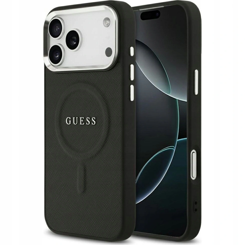 Накладка Guess для iPhone 17 Pro Max PU Grained leather Classic metal logo & Cam (MagSafe), Hard Black (GUHMP17XPSAREGSK). Фото 1