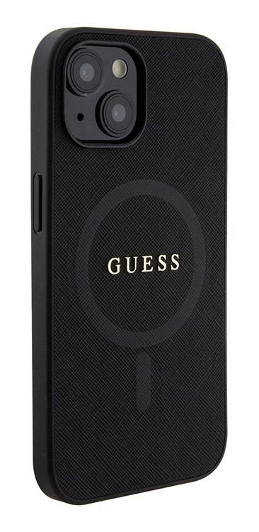 Накладка Guess для iPhone 15 PU Saffiano with metal logo Hard (MagSafe), Black (GUHMP15SPSAHMCK). Фото 2