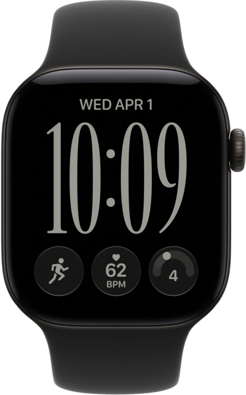 Умные часы Apple Watch Series 12 GPS, 42мм, Чёрный алюминиевый корпус, спортивный ремешок чёрного цвета, размер M/L 150-200 мм (MJEC4). Фото 2