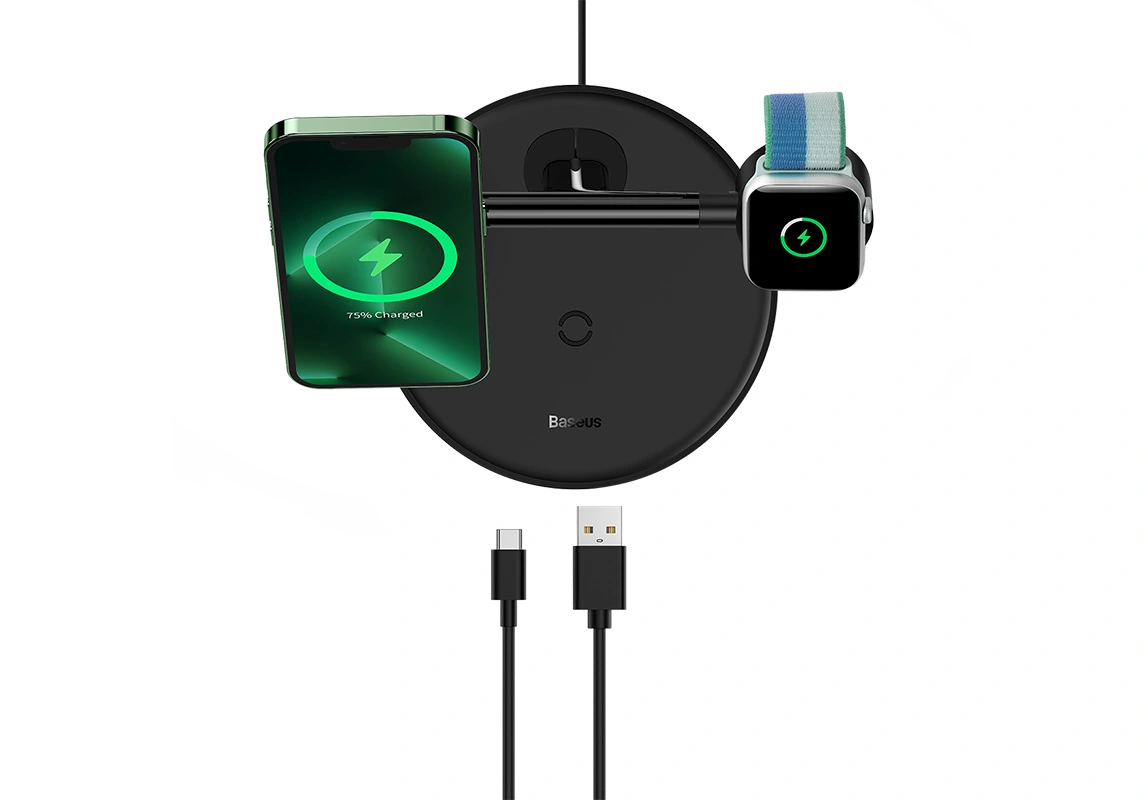 Беспроводное зарядное устройство Baseus Wireless Charger Swan 3-in-1 20W, Чёрное (WXTE000101). Фото 2