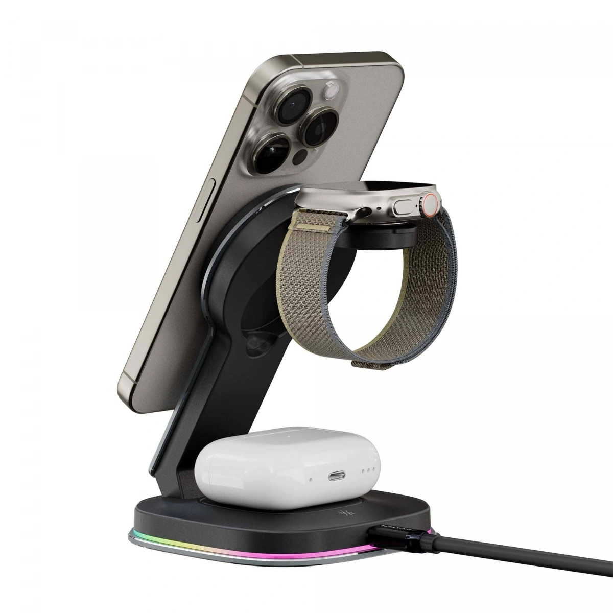 Беспроводная зарядная станция Breaking DS10 Trio 3in1 Qi2 20W, Графит. Фото 2