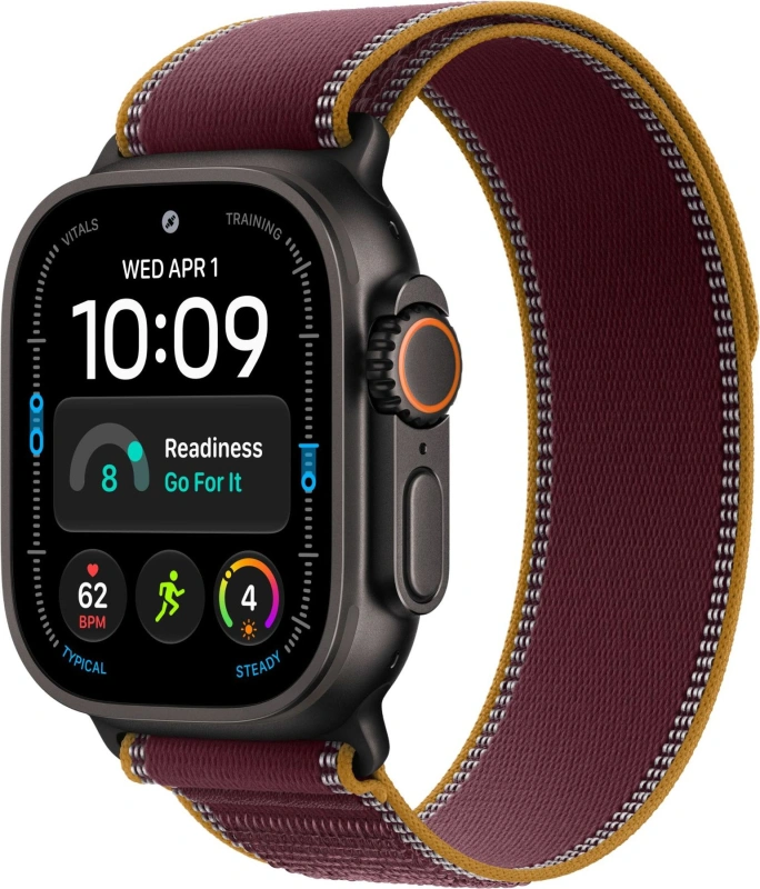 Умные часы Apple Watch Ultra 4 (2026) GPS+Cellular 49мм, Чёрный титановый корпус, ремешок "Бургунди спортивная петля" размер S/M 130-180 мм (MJC34). Фото 1