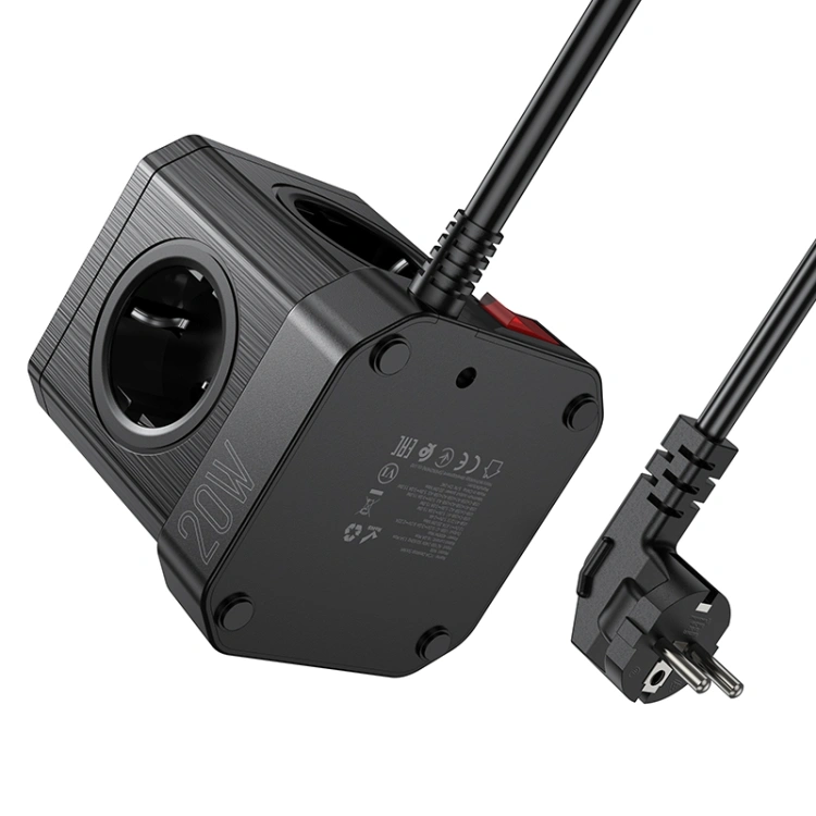 Сетевой фильтр Hoco NS8 (5 гнезд, 3USB/1USB-C, 20w, 2м), Black. Фото 3