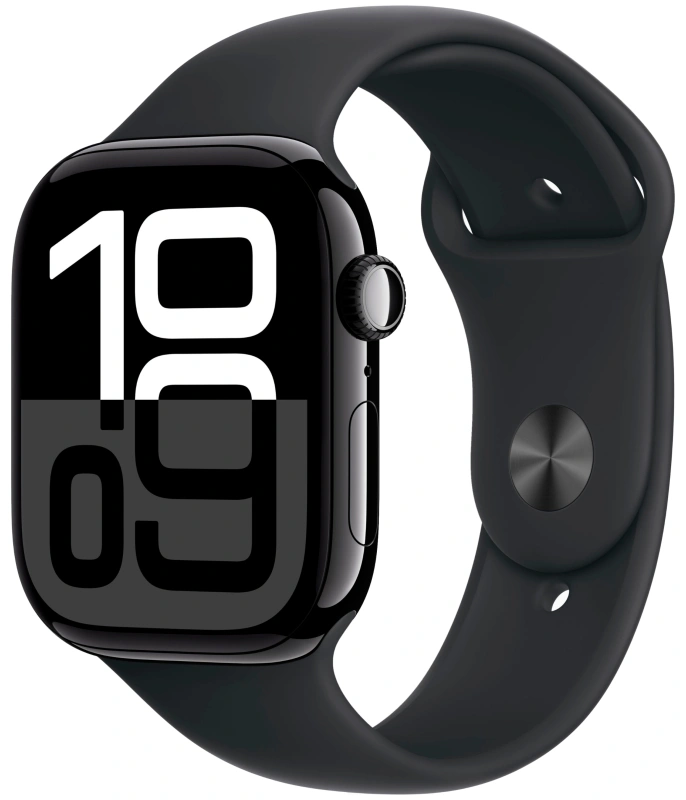 Apple Watch Series 10 GPS + Cellular, 46 мм, алюминий цвета «чёрный глянец», спортивный ремешок чёрного цвета, M/L (MWY43). Фото 1