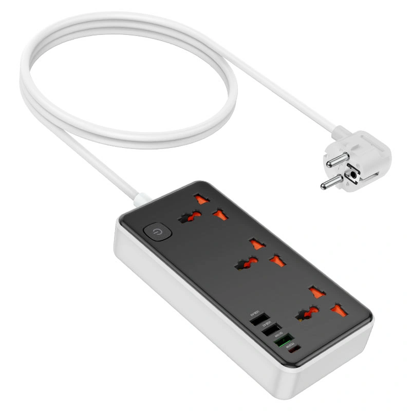 Сетевой фильтр Hoco AC8A 3 гнезда, USB-C, 3*USB-A 2500W 1.5m, Чёрный. Фото 2