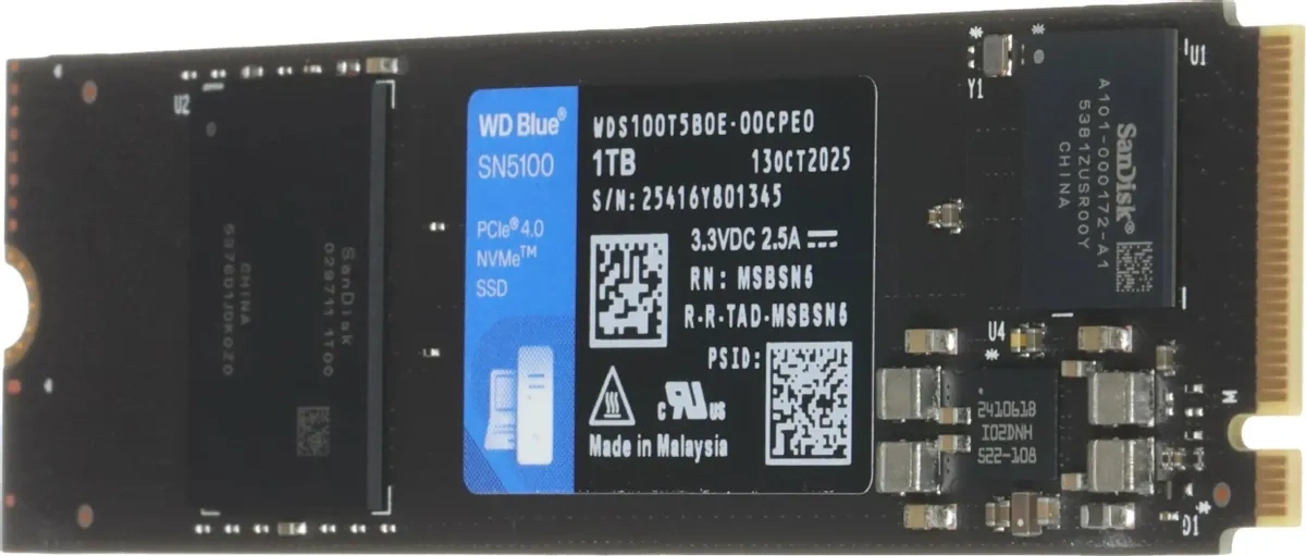 SSD накопитель WD Blue SN5100 1ТБ, M.2 2280, PCIe 4.0 x4, NVMe, M.2 (WDS100T5B0E). Фото 4