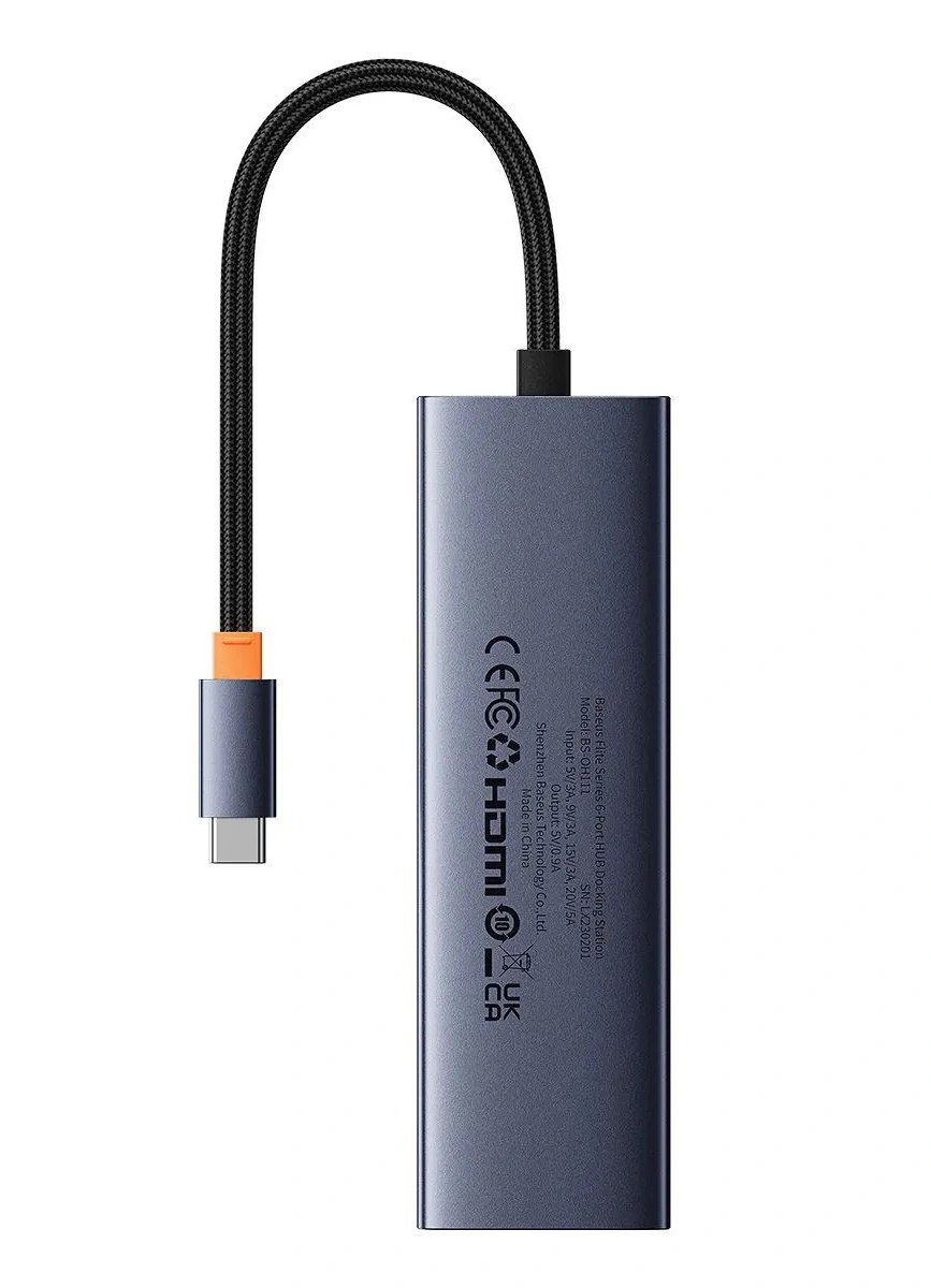 Хаб Baseus Flite Series 6-Port HUB Docking Station (Type-C to HDMI4K@60Hz*1+USB 3.2*3+USB-C*1+RJ45*1), Cерый (B00052807813-00). Фото 4