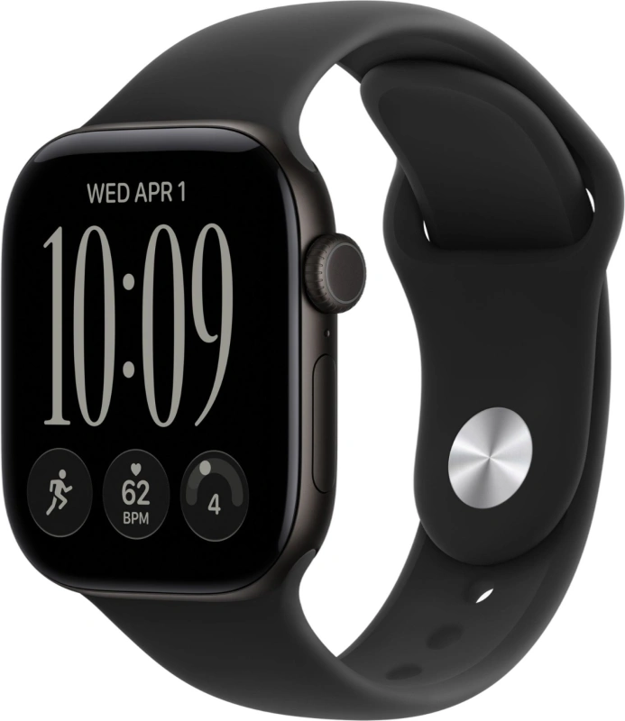 Умные часы Apple Watch Series 12 GPS, 46мм, Чёрный алюминиевый корпус, спортивный ремешок чёрного цвета, размер S/M 140-190 мм (MJEK4). Фото 1