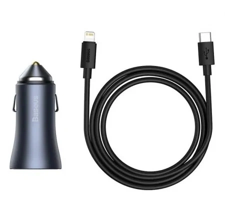 Автомобильное зарядное устройство Baseus Golden Contactor Pro Dual Quick Charger Car Charger U+C 40W (TZCCJD-B0G) With Baseus Simple Wisdom Data Cable Type-C to iP 1m, Тёмно-серое. Фото 3
