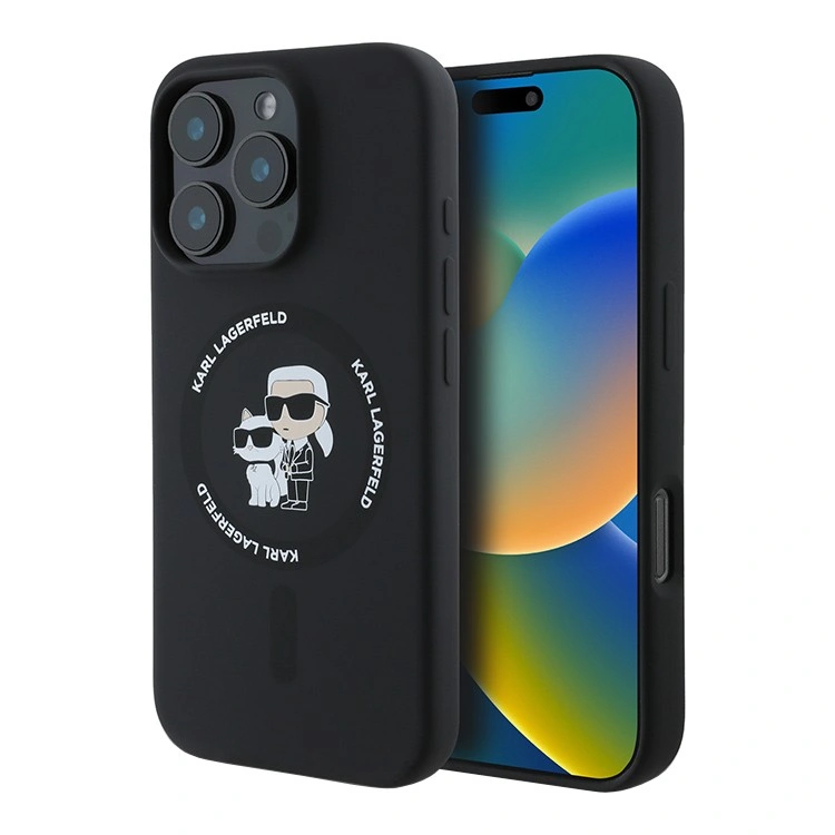 Накладка Lagerfeld для iPhone 16 Pro Max Liquid Silicone NFT Karl & Choupette Head Hard (MagSafe), Black (KLHMP16XSCMKCRHK). Фото 1