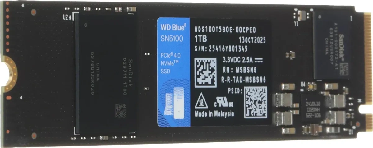 SSD накопитель WD Blue SN5100 1ТБ, M.2 2280, PCIe 4.0 x4, NVMe, M.2 (WDS100T5B0E). Фото 3