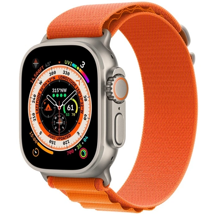 AppleWatchUltraGPS+Cellular49mm,ремешок"OrangeAlpineloop",размерM145–190mm(MQFL3)