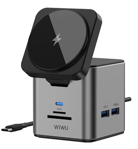 Хаб с беспроводной зарядкой Wiwu Cube Hub 9 в 1 USB-C Docking Wi-W025, Серый