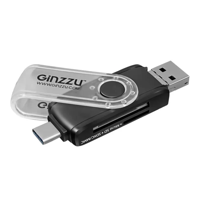 Картридер GiNZZU GR-325B Type C/microUSB/USB2.0, Чёрный
