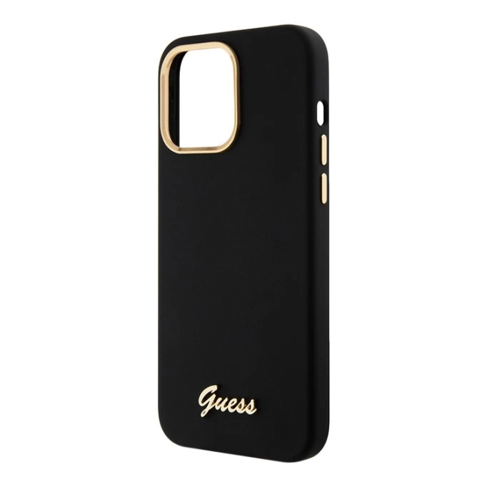 Накладка Guess для iPhone 15 Pro Liquid silicone Gold metal logo & Camera frame Hard, Black (GUHCP15LSMBSLK)