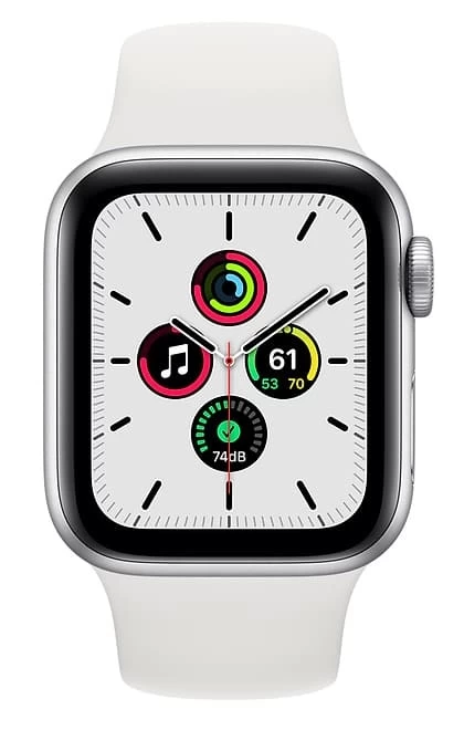 Apple Watch SE, 40 мм, серебристый алюминий, спортивный ремешок белого цвета (MYDM2)