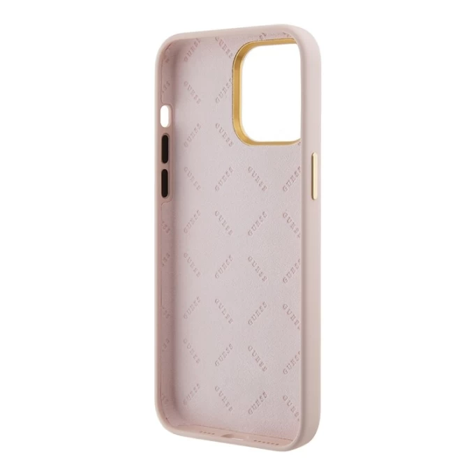 Накладка Guess для iPhone 15 Pro Liquid silicone Gold metal logo & Camera frame Hard, Pink (GUHCP15LSMBSLP)