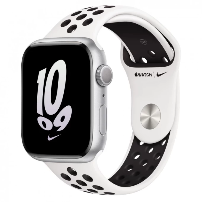 Apple Watch Series 8, 45 mm, серебристый алюминий, Summit white/black Nike sport band, размер M/L (MP6T3)