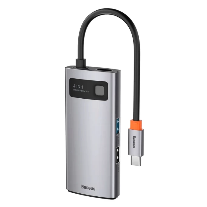 Хаб Baseus Metal Gleam Series 4-in-1 USB 3.0, USB 2.0, HDMI, USB-C PD, Серый (CAHUB-CY0G)
