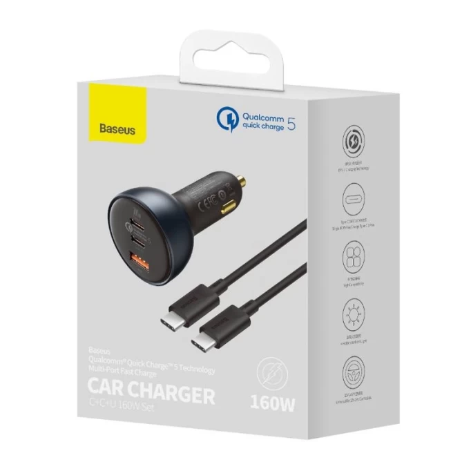 Автомобильное зарядное устройство Baseus Qualcomm Quick Charge 5 C+C+U 160W с кабелем Type-C to Type-C 100W, Черный (TZCCZM-0G)