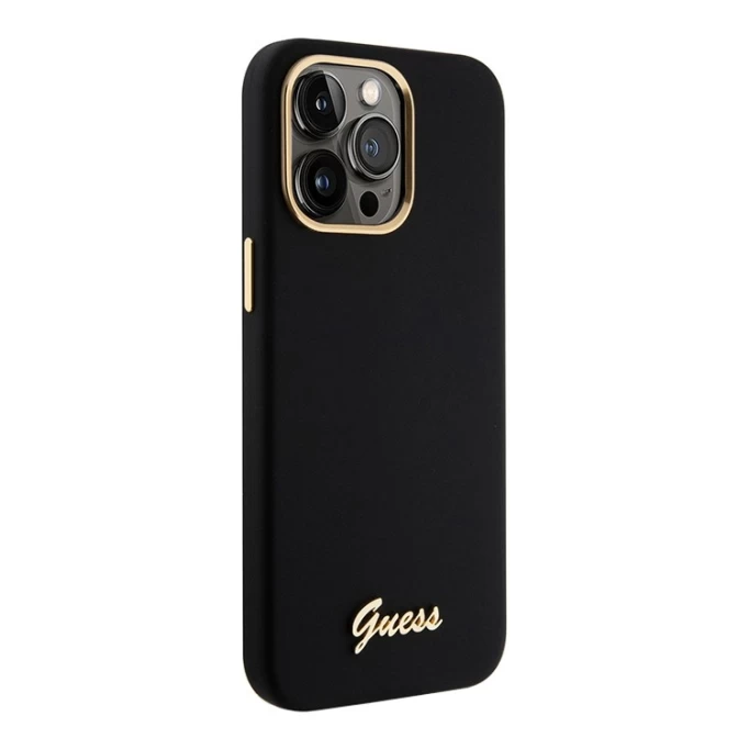 Накладка Guess для iPhone 15 Pro Liquid silicone Gold metal logo & Camera frame Hard, Black (GUHCP15LSMBSLK)