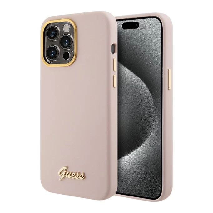 Накладка Guess для iPhone 15 Pro Liquid silicone Gold metal logo & Camera frame Hard, Pink (GUHCP15LSMBSLP)
