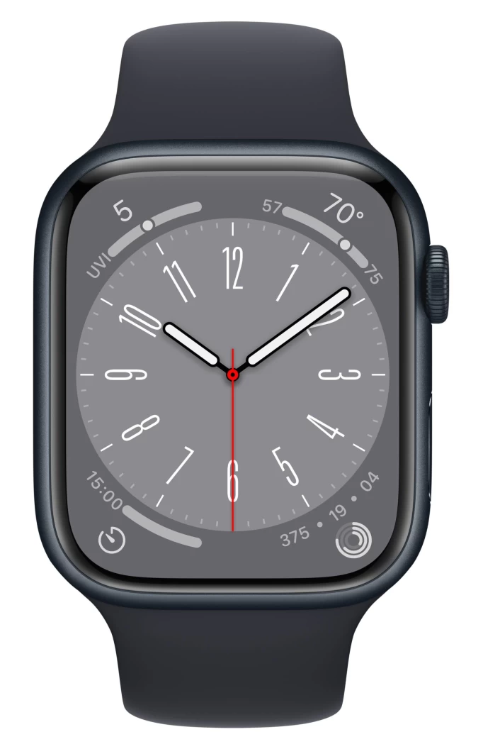 Apple Watch Series 8, 45 mm, алюминий цвета "тёмная ночь", спортивный ремешок "чёрный" (MNP13)