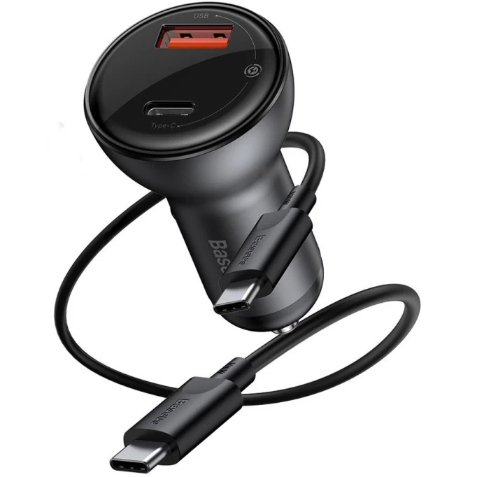 Автомобильное зарядное устройство Baseus Digital Display PPS Dual Quick Charger Car Charger 45W с кабелем Type-C to Type-C 3A 1m, Чёрное (TZCCBX-C0G)