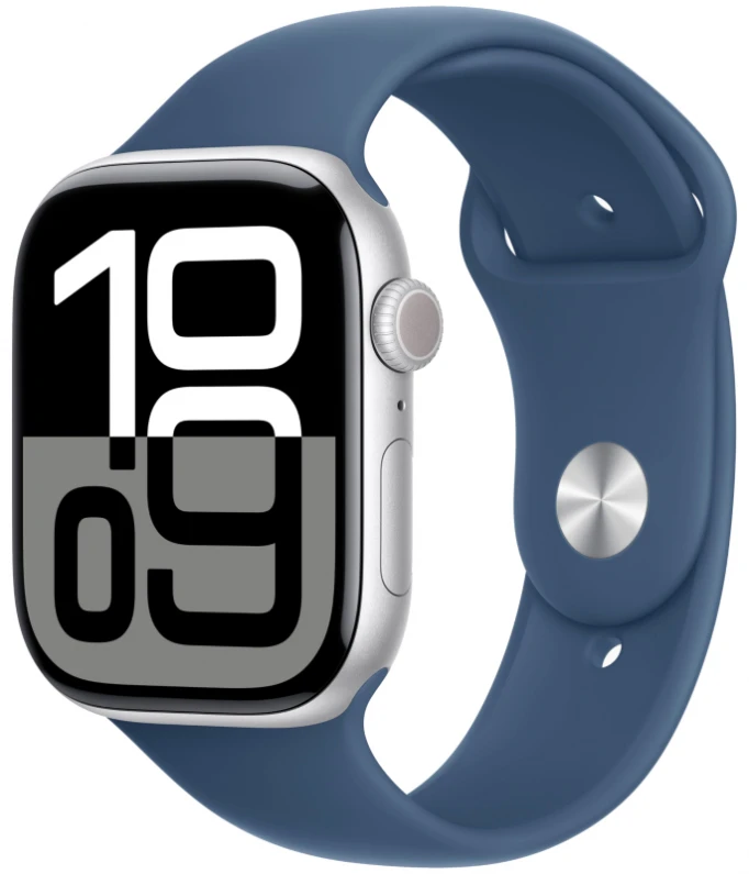 Apple Watch Series 10, 46 мм, серебристый алюминий, спортивный ремешок цвета "Denim", S/M (MWWL3)