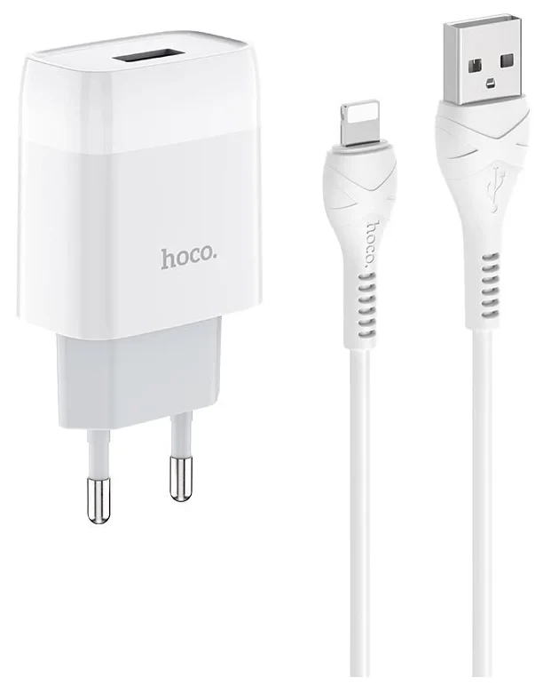 Сетевое зарядное устройство Hoco C72A Glorious 1xUSB, 2.1А + USB кабель Lightning 8-pin, 1м, Белое