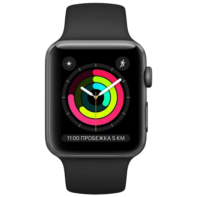 Apple Watch Series 3, 42 мм, корпус из алюминия цвета «серый космос», спортивный ремешок чёрного цвета (Уценённый товар)